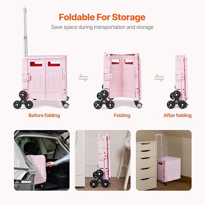 VEVOR Foldable Utility Cart, 65L Collapsible Portable Crate Rolling Cart with Stair Climbing Wheels & 360° Swivel Wheels, Hand Cart with Telescoping Handle for Shopping Office Moving Teacher, Pink