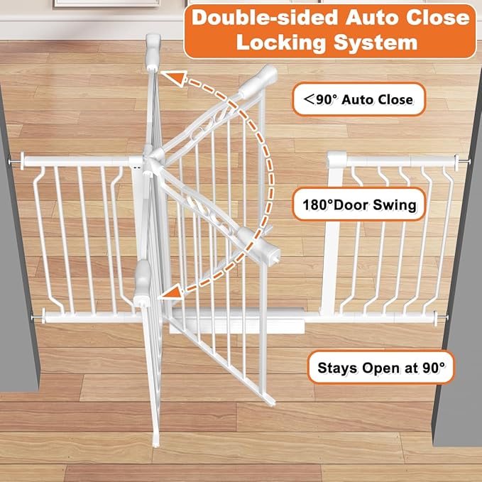 30" Tall Metal Narrow Baby Gate for Doorways No Drill 29.5-33.8" Wide, Auto Close Press Mounted Baby Gate Indoor for Kids, Walk Through Dog Gates for Stairs, White