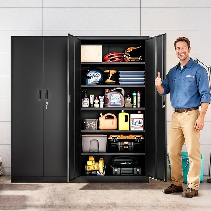 Metal Storage Cabinet, 71 Inch Tall Metal Storage Cabinet with Doors and Shelves, Pantry Cabinets for Kitchen Storage, Garage Cabinet for Living, Dining Room, Assemble Required