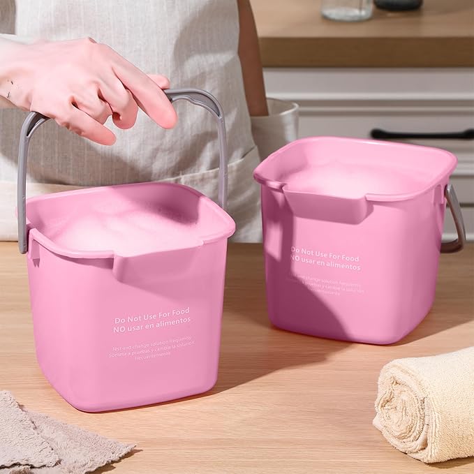 Yaomiao 4 Pcs Cleaning Bucket 3 Quart Small Sanitizing Square Bucket Detergent Pail with Measurements Spout and Handle for Home Commercial Use Restaurant Kitchen Office (Pink)