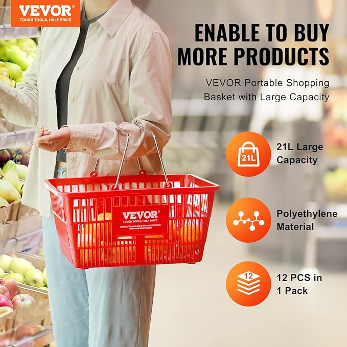 VEVOR Shopping Basket Set, 12 x 21L Durable Plastic Grocery Basket with Metal Handle and Stand, 16.73 x 12.01 x 8.58 inch Portable Shop Basket for Retail Store Supermarket Grocery Shopping, Red