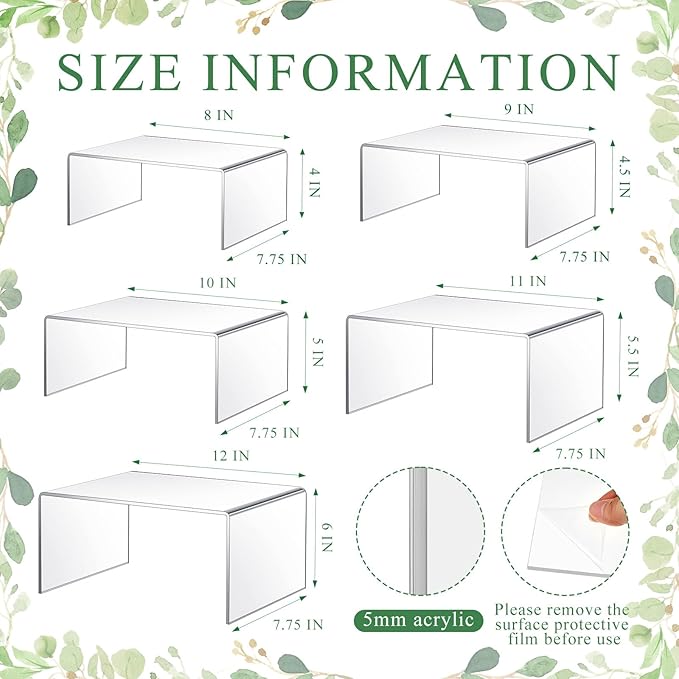 5 Pcs Extra Large 12,11,10,9,8 Inch Acrylic Display Risers Clear Acrylic Shelf Riser Display Stands 5 mm Thick Rectangular for Collectibles Figures