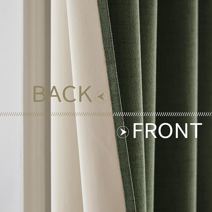 MIULEE 100% Blackout Linen Textured Curtains for Bedroom Solid Thermal Insulated Olive Green Grommet Room Darkening Curtains & Drapes Luxury Decor for Living Room Nursery 52 x 90 Inch (2 Panels)