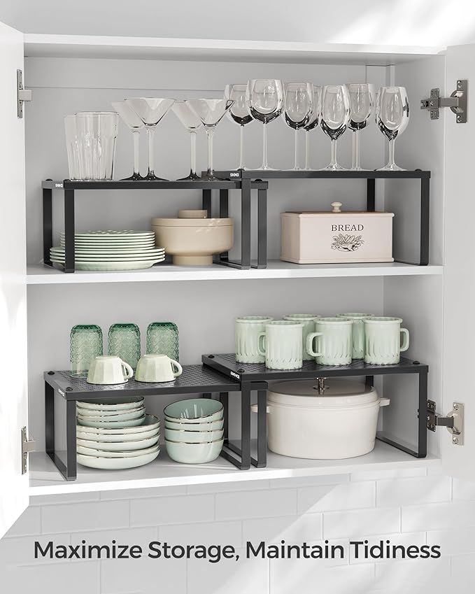 SONGMICS Spice Racks, Set of 2 Metal Cabinet Shelf Organizers, Countertop Organizers, Shelf Risers, Stackable, Expandable, Ink Black UKCS001B01