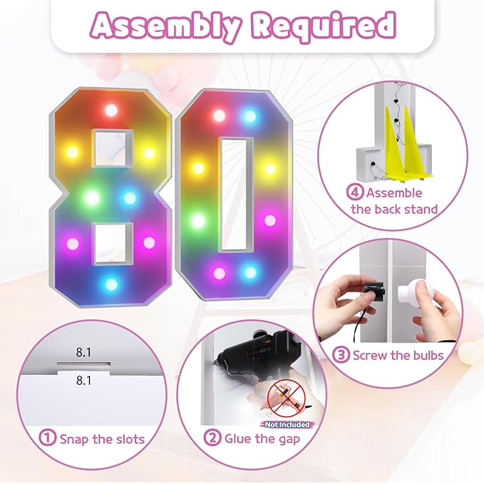 Marquee Numbers 80th Birthday Decoration: Colorful 3FT Large Light Up 80 Year Old Birthday Decorations Anniversary Backdrop Cardboard Sign 18 Colors Number 80 Mosaic Balloon Frame