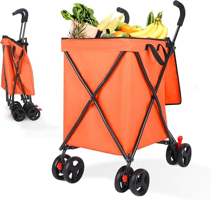 27 Gal/180 LBS Capacity Shopping Cart, Upgrade Huge Grocery Cart on Wheels,Heavy Duty Foldable Utility 360° Rolling Swivel Wheels for Shopping Picnic Groceries Laundry (Orange)