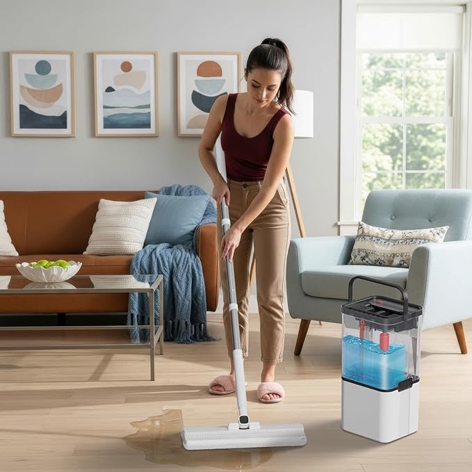 Mop and Bucket Set,Midyb Flat Mops and Bucket System with 2 Microfiber Pads,Mop and Bucket with Wringer Set,Automatic Separates Dirty and Clean Water,Wet and Dry Use Mops for Floor Cleaning
