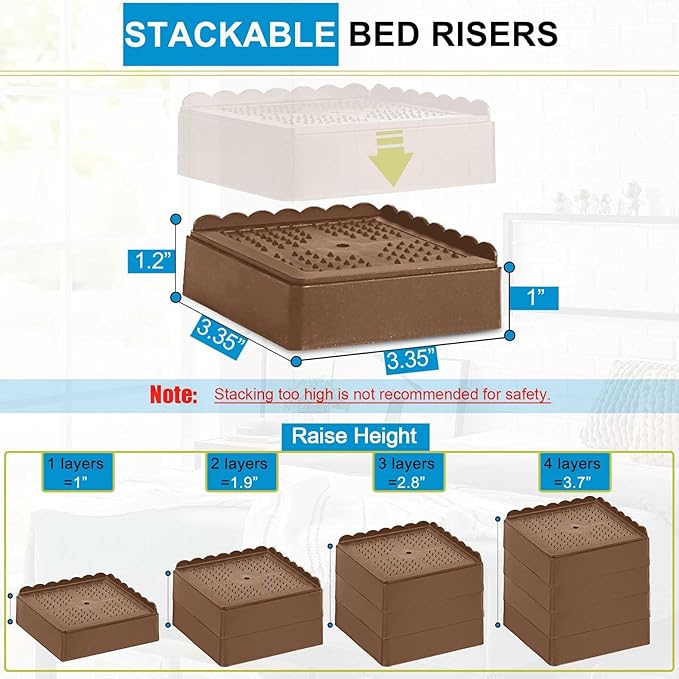 Bed Risers 1 inch, 2 inch, 3 inch, 4 inch Heavy Duty, Adjustable Furniture Riser for Table Desk Couch Sofa Chair Recliner Leg Frame Dorm, Stackable Bed Raisers Blocks (Brown 4 Pack, 1 inch)