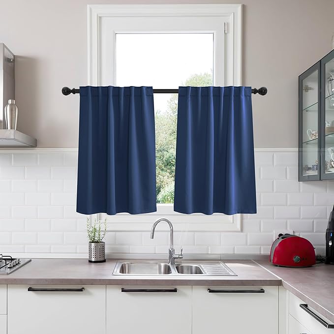 KGORGE Kitchen Window Curtains 36 inches, Blackout Privacy Half Window Curtains for Bedroom Bathroom Dining Living Room Cafe Office Short Tiers, W34 x L36 inches, Blue, 2 Panels