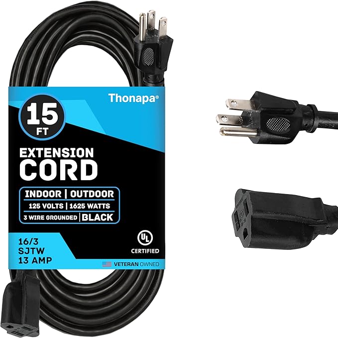 15 Ft Black Outdoor Extension Cord - 16/3 SJTW Weatherproof Water Resistant Electrical Cable with 3 Prong Grounded Plug for Indoor & Outdoor,