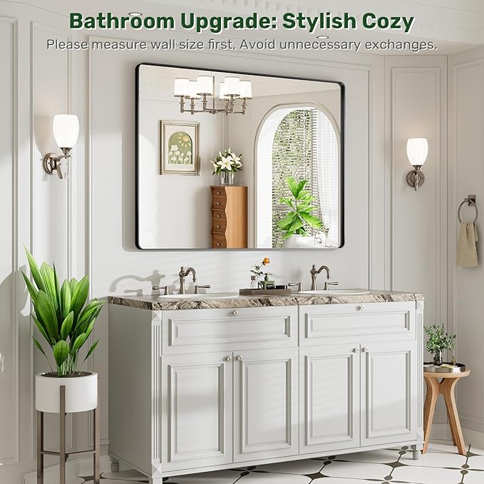 48X36 Black Bathroom Mirror for Over Sink, Metal Framed Vanity Mirror Wall Mounted, Rectangle Mirror for Bedroom Living Room Restroom Entryway, Anti-Rust, HD Tempered Glass