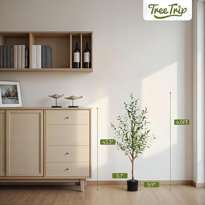 Artificial Olive Tree 4FT, Tall Faux Olive Trees for Indoor Outdoor, Realistic Potted Plant Natural Wood Trunk, Leaves and Fruits for Home Office Decor (1, 4FT)