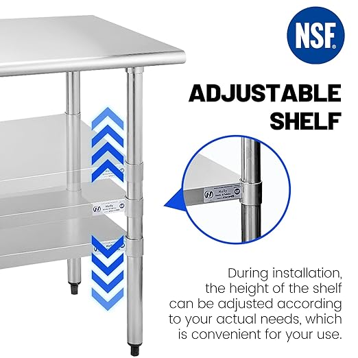 Hally Stainless Steel Table for Prep & Work 30 x 12 Inches, NSF Commercial Heavy Duty Table with Undershelf and Galvanized Legs for Restaurant, Home and Hotel