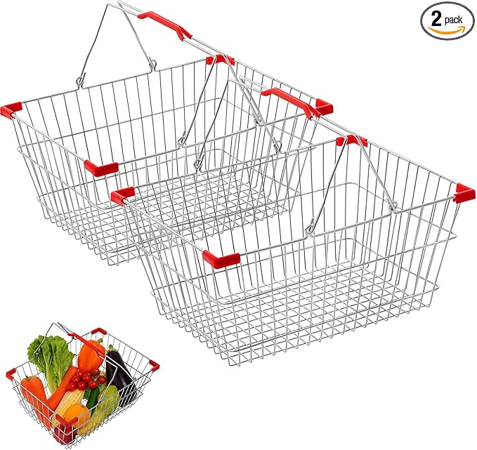 2 Pack Wire Shopping Baskets with Handle and Bumpers 17.7 x 12.6 x 7.9 Inch Foldable Sturdy Metal Basket Storage Organizer for Retail Grocery Supermarkets Kitchen Vegetables Fruits Picnic