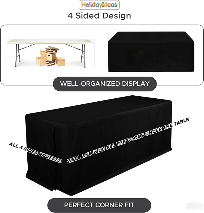 HolidayIdeas Fitted Black Rectangle Table Cloths 6ft Table Cover for Vendor Booth Display, Banquet, Trade Show,30x72 Inch, 6 Pcs