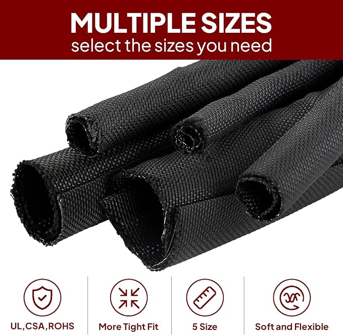 Black Braided Cable Management Sleeves Wire Loom Tubing Cord Protector Self-Wrapping (3/8"-20Feet)
