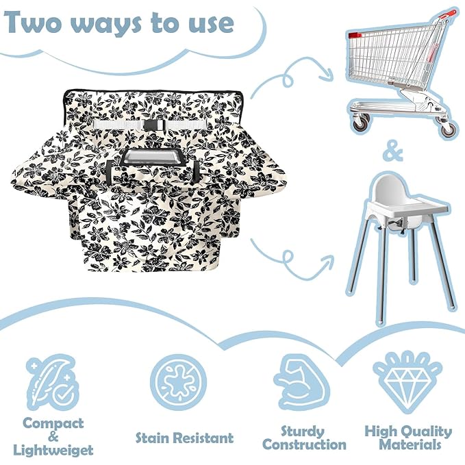 Shopping Cart Cover for Baby 2-in-1 High Chair Cover with Safety Harness Multifunctional Black Flowers Cart Covers for Babies Soft Padded Grocery Cart Cover for Baby Boy Girl
