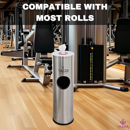 Tazza Gym Wipe Dispenser with Stainless Steel Floor Stand, Built-in Trash Can, Fitness Equipment Wipes Holder, 1.5 Gallon, Silver