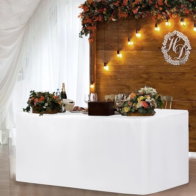 HolidayIdeas Fitted White Table Clothes - 72 x 30 Inch - 4 Pack Rectangle Table Covers for 6 Foot Tables, Polyester Fabric Tablecloths for Parties, Holiday Dinner, Wedding, Trade Show