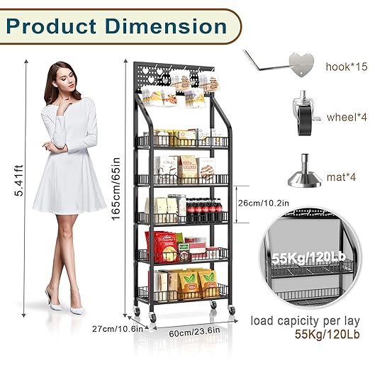 5 Tier Snack Rack Display Stand, Metal Retail Display Rack with Wheels and 15 Hooks, Snack Cart Organizer for Supermarkets Convenience Stores Home Kitchens