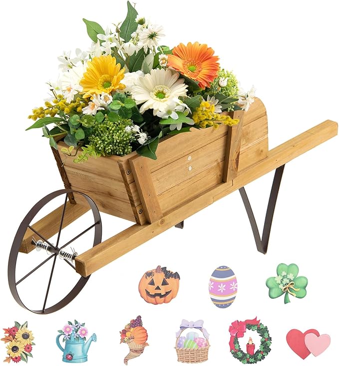 Wooden Wagon Planter, Flower Cart Display Stand w/Metal Wheels & Removable Magnetic Decoration, Wagon Decorative Garden Planter for Plants & Seasonal Displays, Pine Wood (Brown)