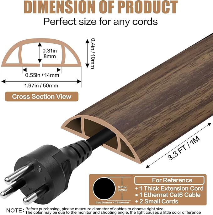 Floor Cord Cover Self Adhesive Cord Hider,3.3FT Cable Management, Extension Strip Protector for Wires, Prevent Cable Trips for Offices, Gyms, Exhibitions Cavity:0.47"(W) x 0.35"(H) Wood Walnut