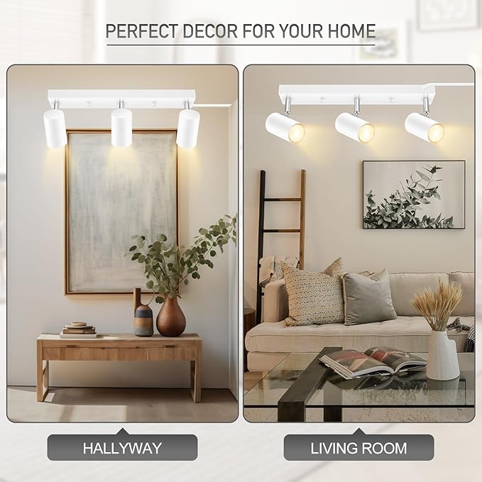 Plug in Track Lighting, 3 Light Ceiling Lighting Kit, White 3 Way Modern Wall Spotlight, 15 FT Cord,Flexibly Rotatable Complete Light Kits for Kitchen Cabinet Gallery Bar Living Room（No Bulb）