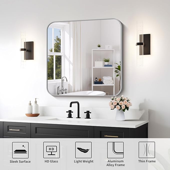 FORBATH 30x30 Inch Silver Bathroom Mirror for Over Sink, Large Square Wall Mirror with Metal Frame, Rounded Corners for Bathroom, Bedroom, Entryway Decor (Horizontal or Vertical)