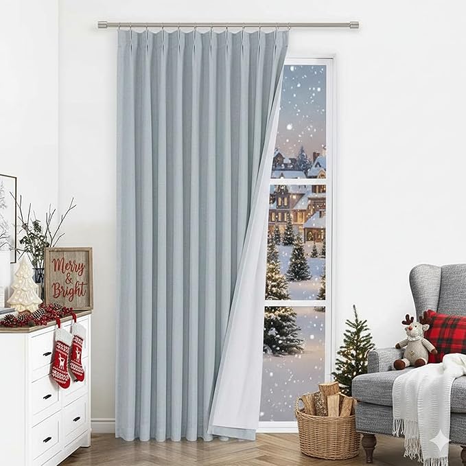 Vision Home Blue Fog Pinch Pleated Full Blackout Curtains Linen Blended Room Darkening Window Curtains 90 inch for Living Room Bedroom Thermal Insulated Pinch Pleat Drapes with Hooks 1 Panel 60"Wx90"L