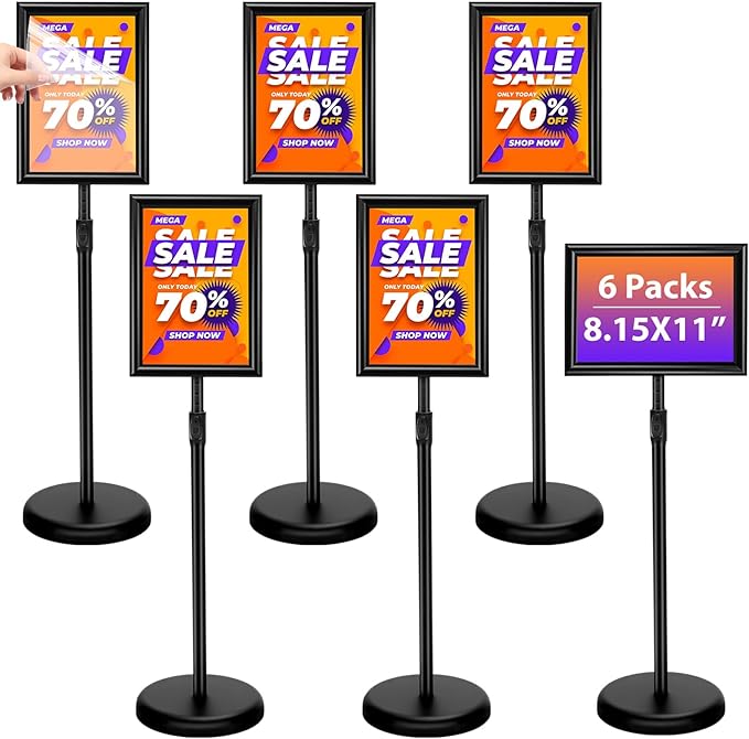 6 Pack Adjustable Sign Stand Holder 8.5'' x 11" Heavy Duty Floor Standing Sign with Base and Snap Open Frame Pedestal Stand for Indoor Outdoor Display Vertical Horizontal View(Square Corner)
