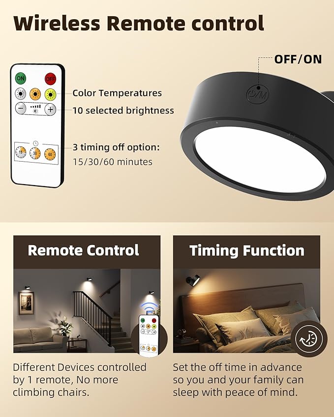 EZVALO LED Wall Mounted Lights, 5500mAh Rechargeable Wall Sconces Lamp, 3 Color Temps & Remote and Touch Control, 360°Rotation Dimmable Cordless Wall Light for Bedroom Reading Study Bedside (3 Pack)