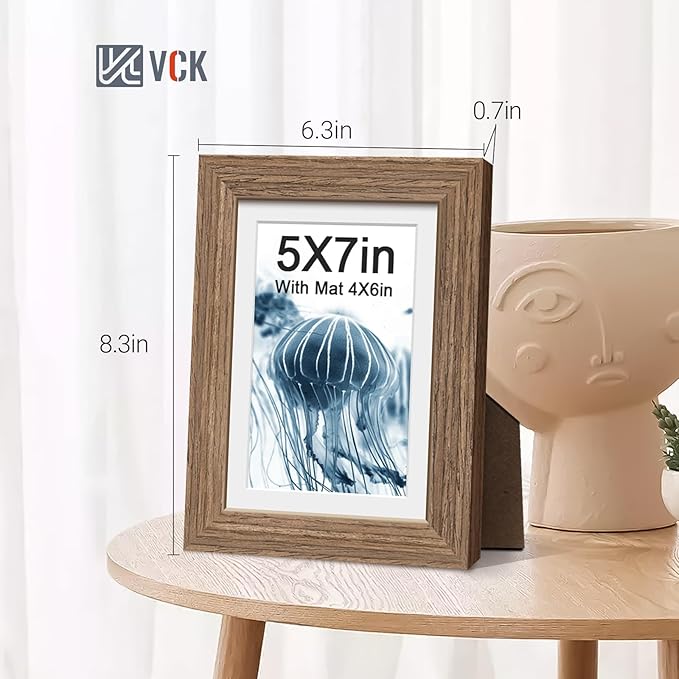 VCK 5x7 Picture Frame 2 Pack - Walnut, High-End Wood Poster Frames with Tempered Glass, Display 4x6 Photo with Mat or 5x7 without Mat, Art Gallery-Quality, Wall Hanging/Tabletop, Walnut