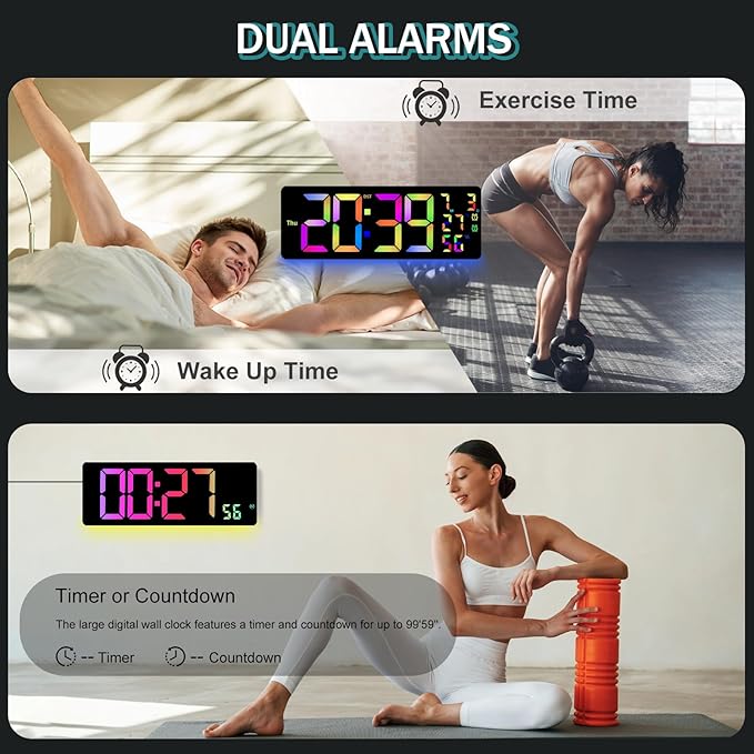 JoFomp 17.3" Large Digital Wall Clock, LED Digital Clock Large Display with Remote Control, Alarm Clock with Temp/DST/Dimmer/Humidity/Timer/Ambient Light - 12/24H, Alarm Wall Clock for Bedroom