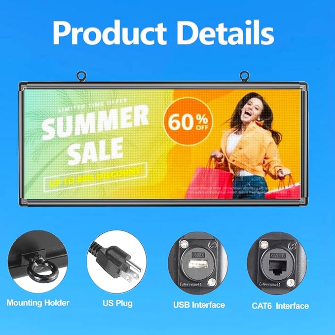 P6 Outdoor Full Color 40 x 18 inches Led Sign WIFI And USB Programmable Led Display With High Resolution Scrolling Texts, Colorful images and videos LED Advertising Screen Digital Board For Shop