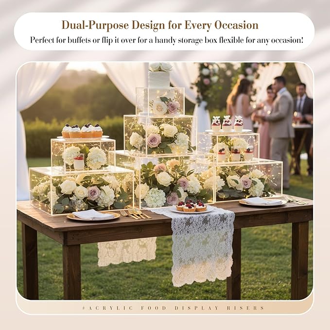 Leinuosen 7 Pcs Extra Large Buffet Risers Set 8" to 14" Acrylic Display Box Square Catering Dessert Table Riser Food Display Decorative Stand with Hollow Bottom for Catering Supplies(Clear)