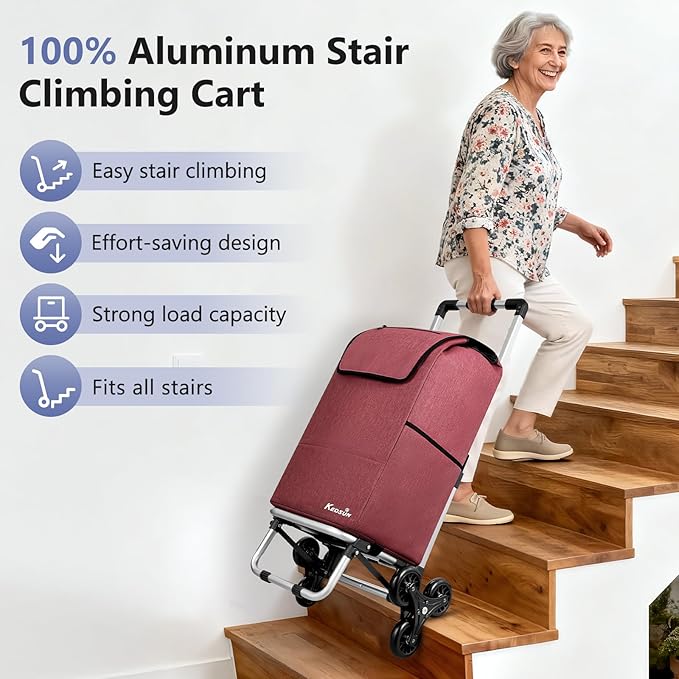 KEDSUM 2 in 1 Aluminum Alloy Stair Climbing Cart, 300LBS Grocery Cart on Wheels, Foldable Shopping Carts with Waterproof Oxford Red Bag for Groceries, Lightweight & Durable Aluminum Frame