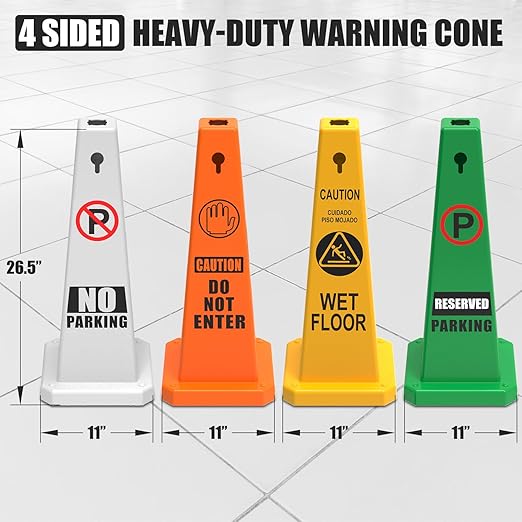 Plastic Traffic Cones, 4-Sided Message Cones, Road Safety Parking Cones, Standing Traffic Warning Signs for Cleaning Area, Garage, No Entry (4, Do Not Enter, Large)