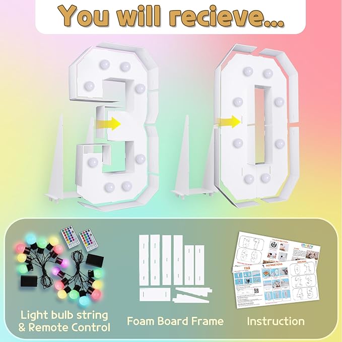 Marquee Numbers Colorful 30th Birthday Decoration: 4FT Large Light Up 30 Year Old Birthday Decorations Anniversary Backdrop Cardboard Sign 18 Colors Number 30 Mosaic Balloon Frame