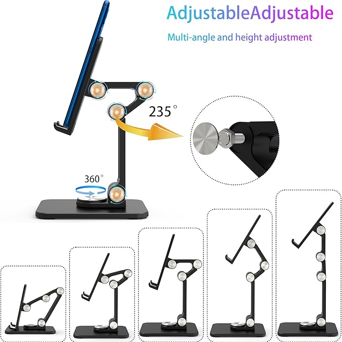 360 Rotating Cell Phone Stand,Folding Phone Stand,Adjustable Height and Angle Foldable Cell Phone Stand Holder for Desk, Taller iPhone Stand Compatible with iPad Smartphones Tablet (Black)