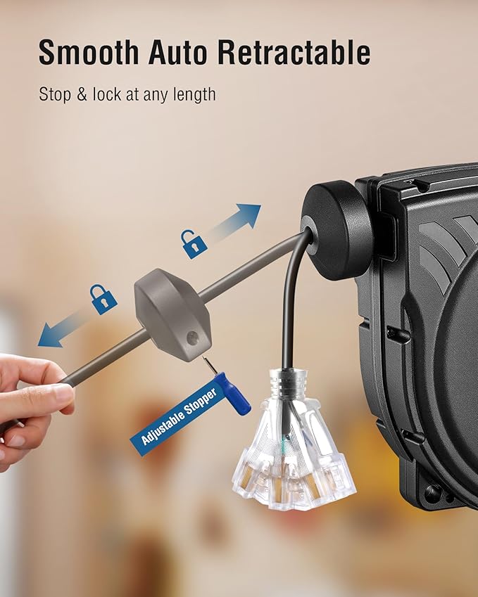 SURAIELEC 30 FT Retractable Extension Cord Reel, 16 Gauge Power Cord with 3 Lighted Outlets, 10A Circuit Breaker, Wall/Ceiling Mount for Garage, Workshop, ETL Listed, Blue