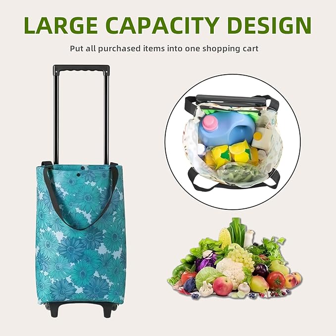 Portable Shopping cart Foldable with Wheels,Folding Shopping Cart Tote Bag Trolley Grocery Carts for Outdoors Reusable Grocery Bags Travel Bag (Flower)