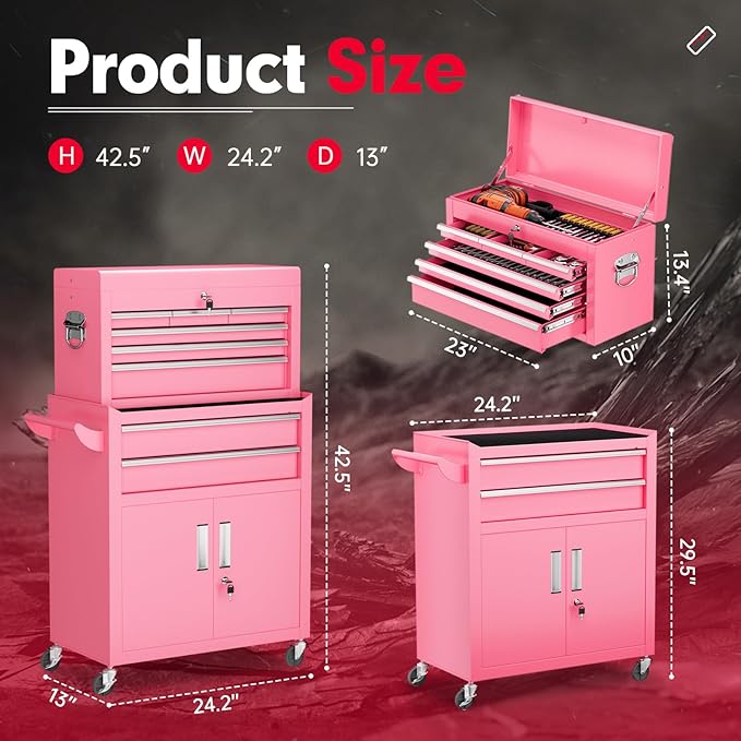Superday Metal Tool Chest, 8 Drawer Rolling Tool Chest with Wheels, Detachable Tool Storage Cabinet with Lock for Garage, Steel Tool Cart with Liner & Hooks for Workshop, Warehouse (Pink)
