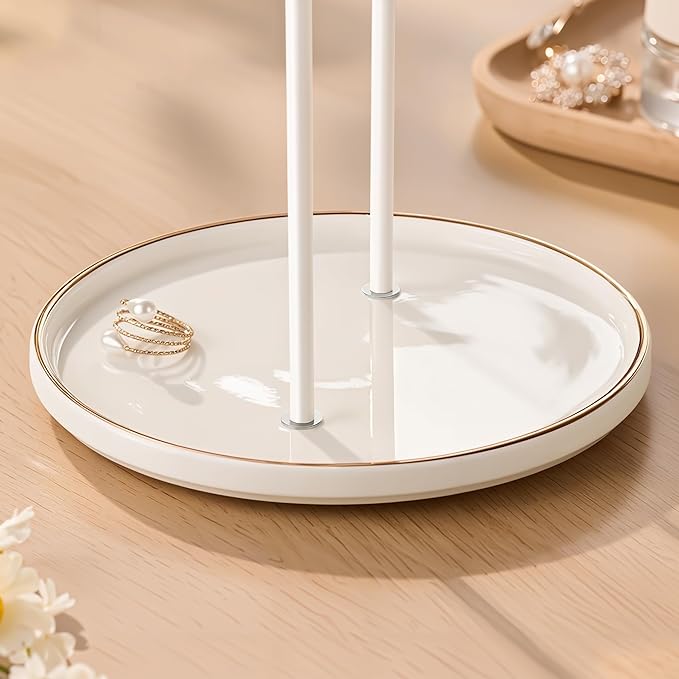 White Jewelry Holder Stand with Ceramic Tray: Small Hanging Necklace Organizer Tree for Earrings, Bracelets, Rings – Jewelry Display Hanger for Women & Girls, White
