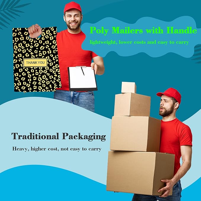 JinRuiKJ Poly Mailers with Handle 10x13 Inch 25 Pcs, Easy to Carry Packaging Bags for Small Business, Thank You Shipping Bags with Self Adhesive Strip, Tearproof and Waterproof - Gold leopard