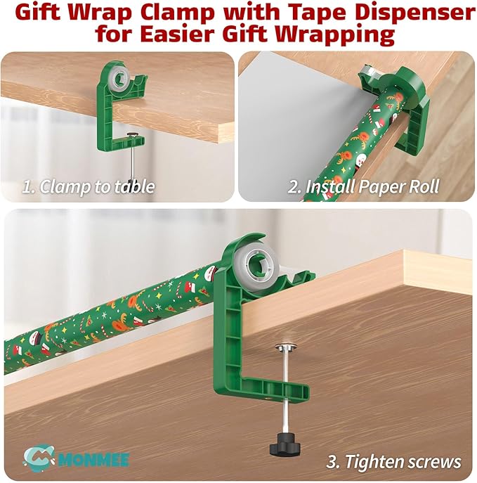 Tabletop Gift Wrapping Tool with Tape Dispenser–2 Pack Adjustable Wrapping Paper Table Clamps with 2 Tapes–Perfect for Christmas, Holidays, and Crafting