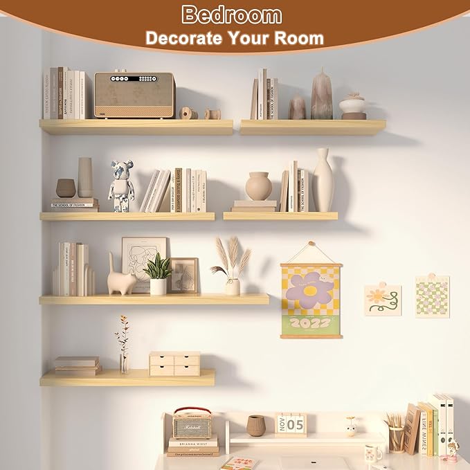 12 Inch Deep Floating Shelves for Wall 2 Pack Floating Shelfs Large Storage Space Wall Decor Display Shelf for Bathroom Living Room Bedroom Kitchen 23.8" W x 12" D x 1.2" H Natural Wood