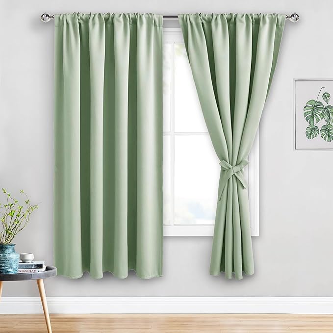 JIUZHEN Blackout Curtains for Bedroom - Thermal Insulated Room Darkening Noise Reducing, 52 x 63 Inch Length Curtains for Living Room, Set of 2 Panels with Tiebacks, Light Green