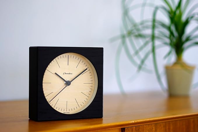 Wooden Desk Clock Japanese Handcrafted Solid Wood Clock Silent Non-Ticking Battery Operated Modern Decorative for Living Room Bedroom Office LINE Desk Clock CH-075 (Black)