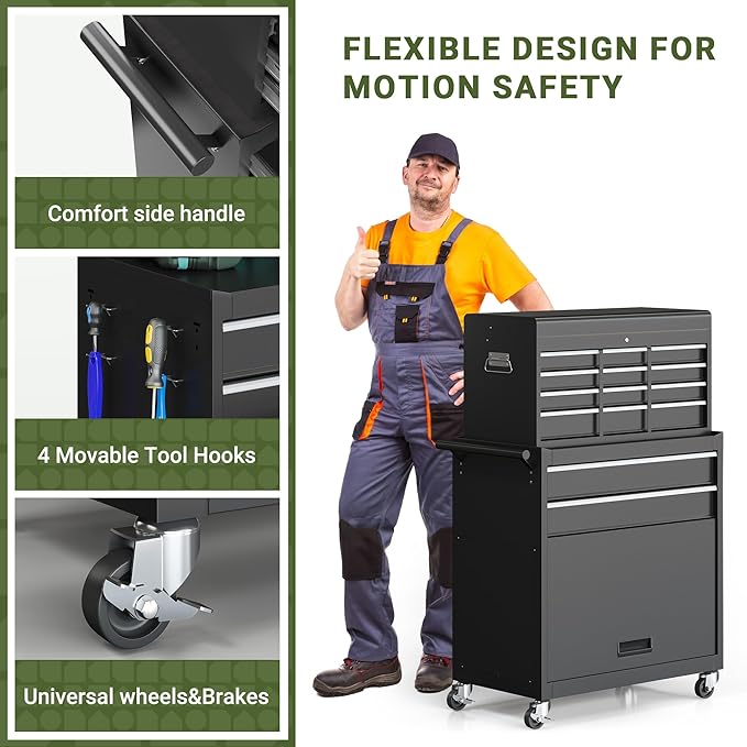 VIWAT Tool Chest, 8-Drawer Rolling Tool Storage Cabinet with Enhanced Packaging, Detachable Top Tool Box, Metal Tool Cart with Hooks and Liners, for Garage, Workshop, Black