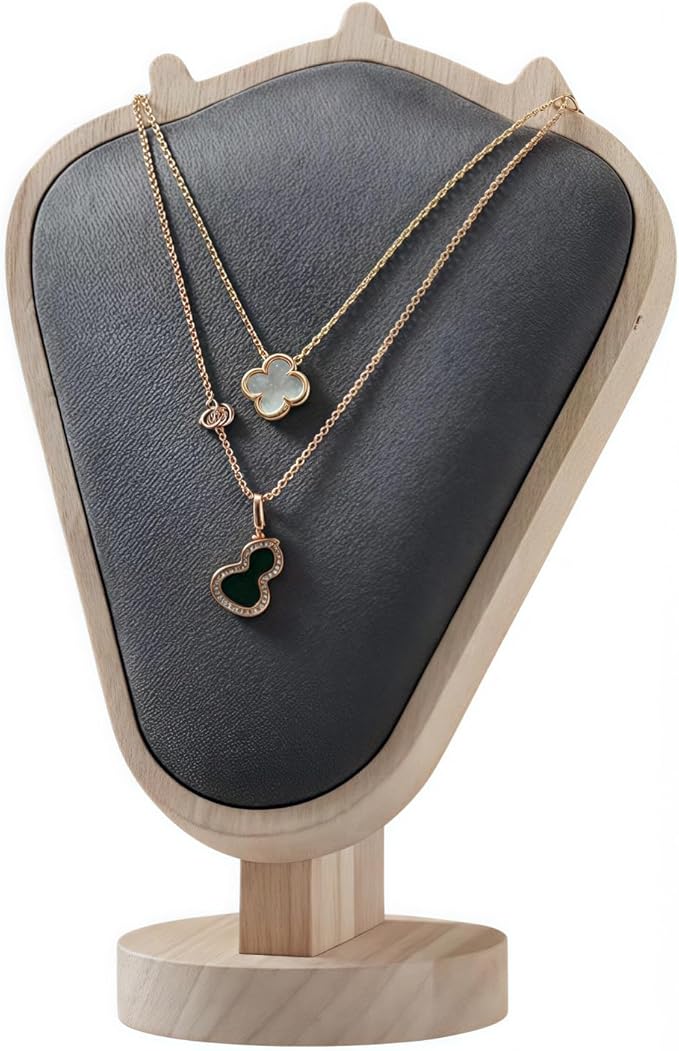 Natural Body Wood Necklace Display Stand with Gray Flannelette Soft Mat Necklace Holder Organizer Desktop Stand for Home Store Dresser-4.45"x8.4"x12"